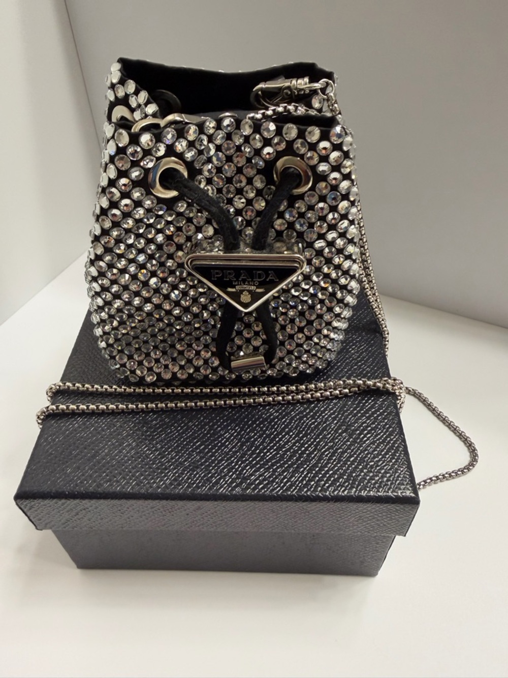 MSRP- $1990 Prada Black Crystal-Studded Satin Mini Bucket Bag Full Inclusion/COA